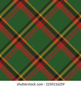 Check plaid seamless pattern. Red, green, black, yellow pixel background checkered. Abstract tartan texture. Vector graphics printing on fabric, shirt, textile, curtain and tablecloth.