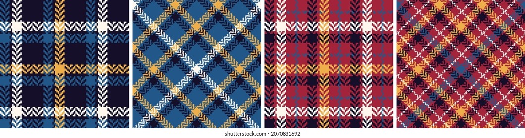 Check plaid seamless pattern set. Red, yellow, white, blue herringbone background texture. Scottish fashion cage. Vector graphics of printing on fabric, shirt, textile, curtain and tablecloth.