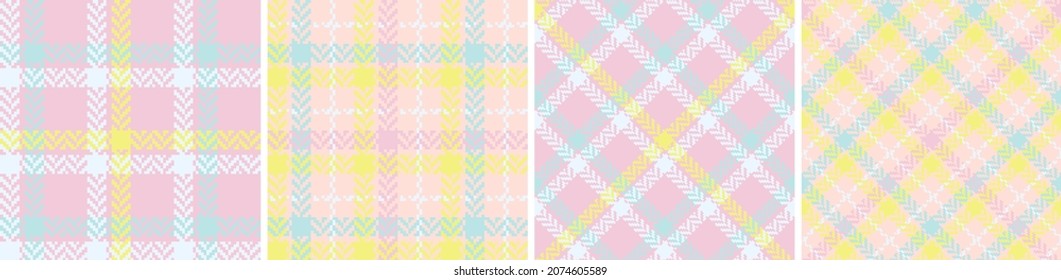 Check plaid seamless pattern set. Pink, yellow, white, blue geometric herringbone background texture. Scottish fashion. Vector graphics of printing on fabric, shirt, textile, curtain and tablecloth.