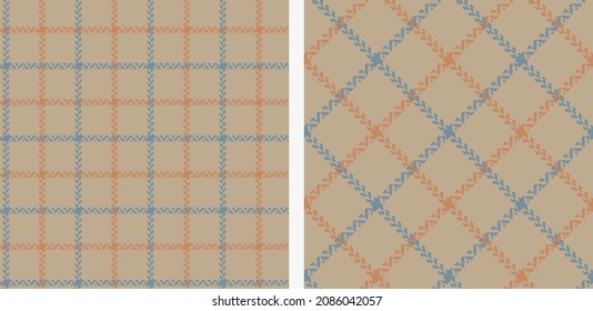 Check plaid seamless pattern set. Brown, blue, orange herringbone background pixel texture. Scottish cage. Vector graphics of printing on fabric, shirt, textile, curtain and tablecloth.
