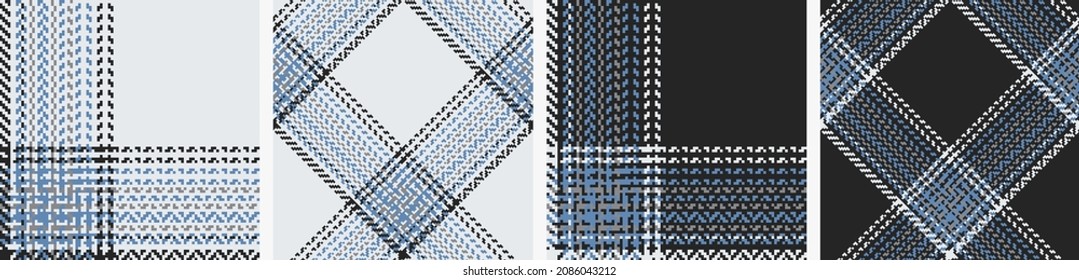 Check plaid seamless pattern set. White, black, blue herringbone background pixel texture. Scottish cage. Vector graphics of printing on fabric, shirt, textile, curtain and tablecloth.