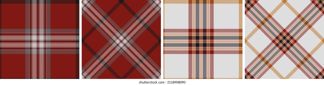 Compruebe el conjunto de patrones sin soldadura. Textura de píxel de fondo de hueso de arenque rojo, blanco, negro y amarillo. Jaula escocesa. Gráficos vectoriales de impresión en tela, camisa, textil, cortina y mantel.