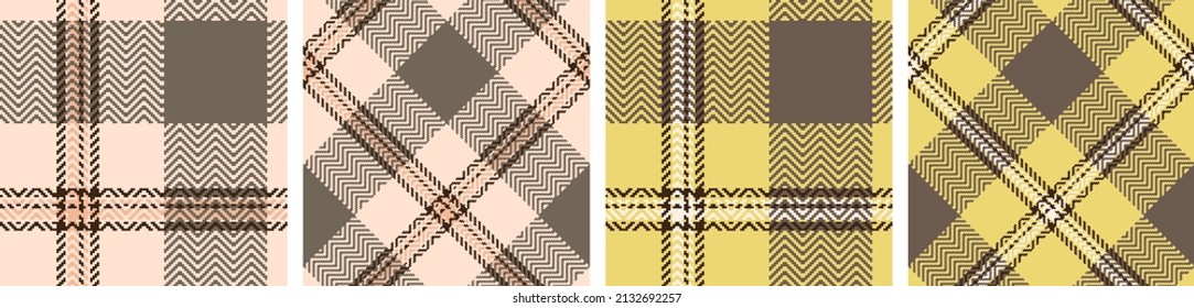 Compruebe el conjunto de patrones sin soldadura. Gris, amarillo, beige, escocés recto y jaula oblicua. Papel pintado de arenque. De impresión en tela, camisa, textil, cortina y mantel. Vector. 