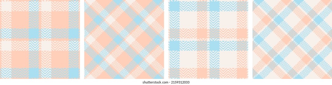 Check plaid seamless pattern set. Blue, pink, white Scottish straight and oblique  cage. Textured herringbone wallpaper. Of printing on fabric, shirt, textile, curtain and tablecloth. Vector. 