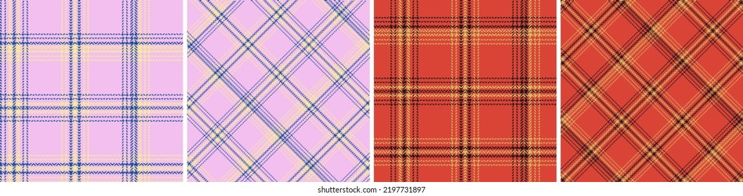 Check plaid seamless pattern set background. Colored  straight and oblique cage herringbone pixel texture. Striped wallpaper. Printing on fabric, shirt, textile, curtain and tablecloth. Vector
