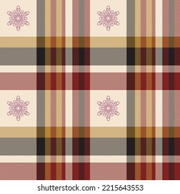 Check plaid seamless pattern with snowflakes. Colored background scottish checkered herringbone texture. Tartan vector wallpaper. Of printing on fabric, shirt, textile, curtain and tablecloth.