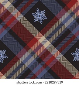 Compruebe el patrón impecable con copos de nieve. Textura de hueso de arenque de color escocés de fondo. Papel tapiz vectorial de Tartán. De impresión en tela, camisa, textil, cortina y mantel.