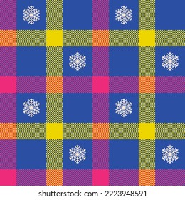 Check plaid seamless pattern with snowflakes. Tartan pixel texture background. Color fashion scottish wallpaper checkered. Printing on fabric, shirt, textile, curtain and tablecloth. Vector.