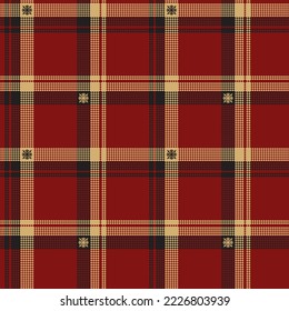 Check plaid seamless pattern with snowflakes. Tartan pixel texture background. Color fashion scottish wallpaper checkered. Printing on fabric, shirt, textile, curtain and tablecloth. Vector.