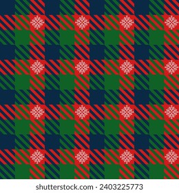 Check plaid seamless pattern with snowflakes. Tartan New Year texture background. Color fashion scottish wallpaper. Printing on fabric, shirt, textile, curtain and tablecloth. Vector.