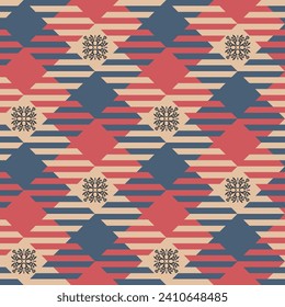 Check plaid seamless pattern with snowflakes. Tartan New Year texture background. Color fashion scottish wallpaper. Printing on fabric, shirt, textile, curtain and tablecloth. Vector.