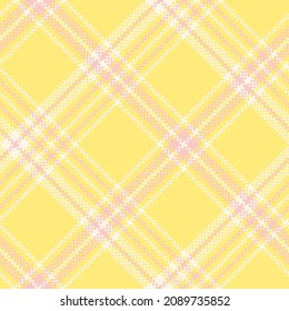 Check plaid seamless pattern. Yellow, white, pink pixel background checkered. Tartan cage abstract texture. Vector graphics printing on fabric, shirt, textile, curtain and tablecloth.