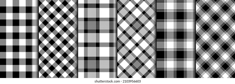 Check plaid seamless set pattern. Black and white herringbone background checkered. Cage abstract texture. Vector graphics printing on fabric, shirt, textile, curtain and tablecloth.