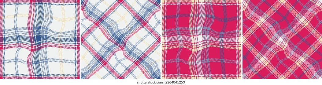 Check plaid seamless set pattern. Wavy abstract background scottish cage herringbone texture. Wallpaper illusion of distortion. Printing on fabric, shirt, textile, curtain, tablecloth. Vector