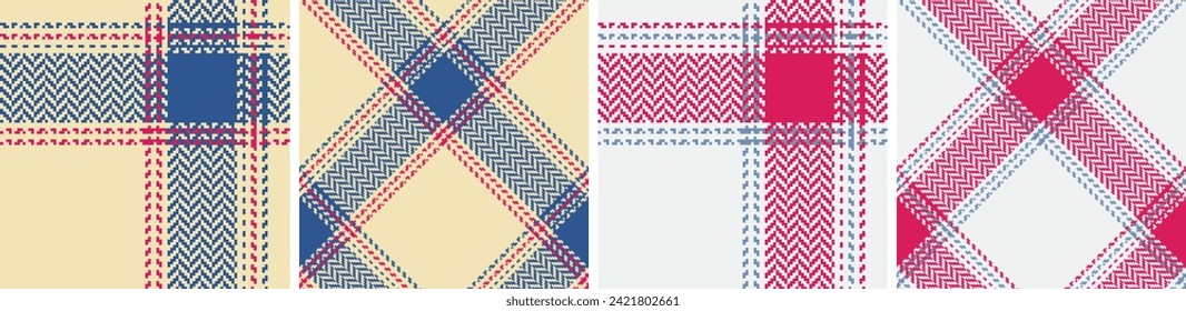 Check plaid set seamless pattern. Colored straight and oblique cage herringbone texture background. Striped wallpaper. Printing on fabric, shirt, textile, curtain and tablecloth. Vector 