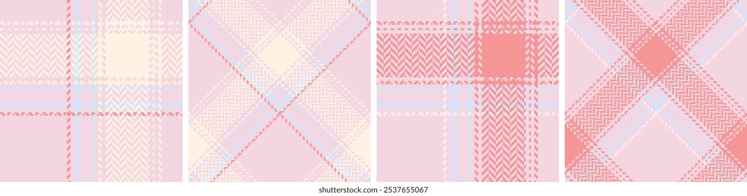 Check plaid set seamless pattern. Colored straight and oblique cage herringbone texture background. Striped wallpaper. Printing on fabric, shirt, textile, curtain and tablecloth. Vector 