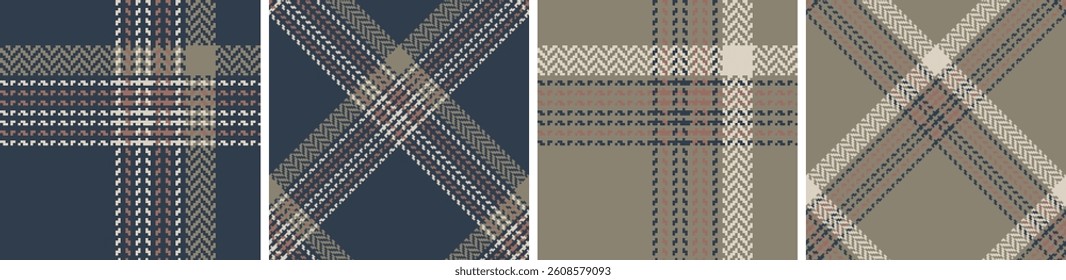 Check plaid set seamless pattern. Colored straight and oblique cage herringbone texture background. Striped wallpaper. Printing on fabric, shirt, textile, curtain and tablecloth. Vector 