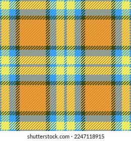 Check plaid textile. Seamless texture fabric. Tartan vector background pattern in yellow and blue colors.