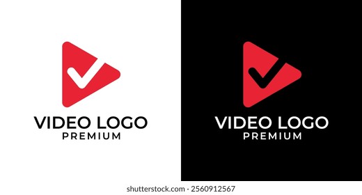 Check Play Logo Design Vector Template. Minimalist Modern Play Icon with Check Symbol. Vector Logo Design of Play, Check, Video, Motion, Arrow, Verification, Triangle, Video.