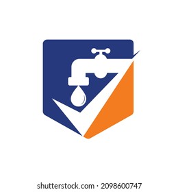 Check plumbing logo template illustration. Water faucet with check tick logo symbol vector icon illustration.	