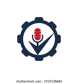 Compruebe la plantilla de diseño del logotipo vectorial del equipo podcast. Elemento de diseño de logotipo de marca de verificación de podcast