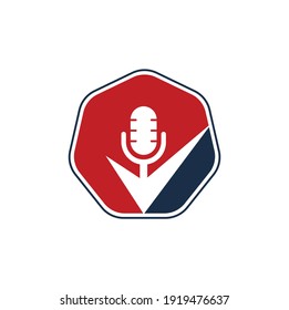 Comprobar plantilla de diseño del logotipo del vector del podcast. Elemento de diseño de logotipo de marca de verificación de podcast
