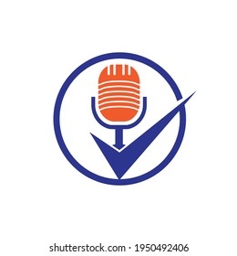 Check podcast vector logo design template. Microphone and tick icon design.