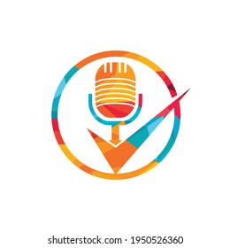 Check podcast vector logo design template. Microphone and tick icon design.