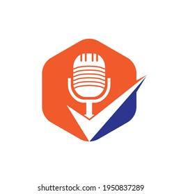 Check podcast vector logo design template. Microphone and tick icon design.