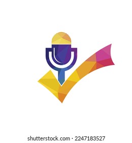 Check podcast vector logo design template. Microphone and tick icon design.