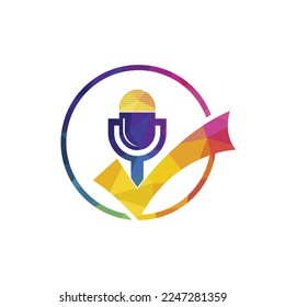Check podcast vector logo design template. Microphone and tick icon design.