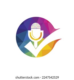 Check podcast vector logo design template. Microphone and tick icon design.