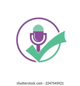 Check podcast vector logo design template. Microphone and tick icon design.