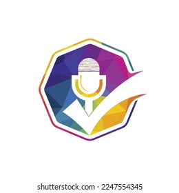 Check podcast vector logo design template. Microphone and tick icon design.