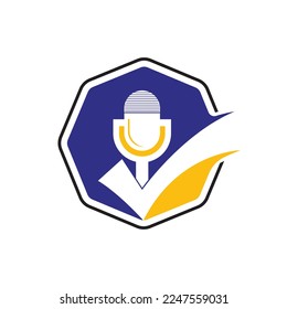 Check podcast vector logo design template. Microphone and tick icon design.