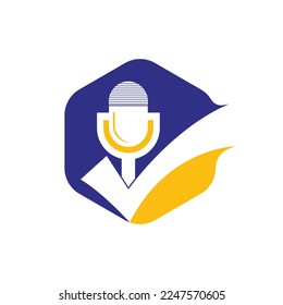 Check podcast vector logo design template. Microphone and tick icon design.
