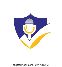 Check podcast vector logo design template. Microphone and tick icon design.