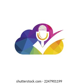 Check podcast vector logo design template. Microphone and tick icon design.