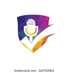 Comprobar plantilla de diseño del logotipo del vector del podcast. Diseño de iconos de micrófono y garrapatas.