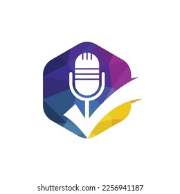 Check podcast vector logo design template. Microphone and tick icon design.