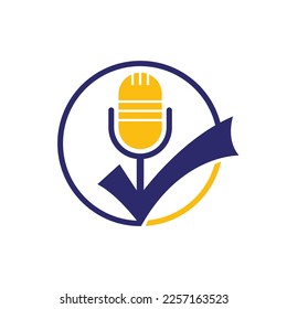 Check podcast vector logo design template. Microphone and tick icon design.