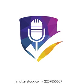 Comprobar plantilla de diseño del logotipo del vector del podcast. Diseño de iconos de micrófono y garrapatas.