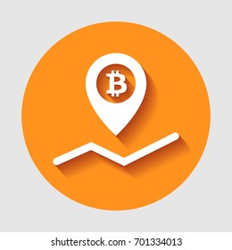 Check point creative bitcoin logo symbol concept. Global Positioning System icon template. Navigation orange blockchain mark. Spot sign vector illustration.