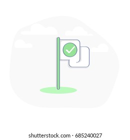 Check Point, Check In, Location Pin Or Map Pointer. Flag With Green Check Mark Symbol. Flat Line Illustration Concept In Modern Trendy Design Style. Isolated Vector.