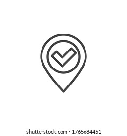 Icono de línea de punto de verificación. signo de estilo lineal para concepto móvil y diseño web. Pin de ubicación con icono de vector de contorno de marca de verificación. Símbolo, ilustración del logotipo. Gráficos vectoriales