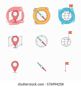 Check Point With Map, Compass Pointer, Flag With Earth Creative Set Of Symbols Concept. Flat Thin Line Sign For Web Design. Vector Illustration, Linear Set