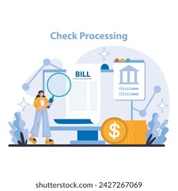 Check Processing concept. Detailed examination of financial documents for accurate transaction handling. Streamlining payments with modern banking services. Flat vector illustration.