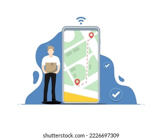 Comprobar el concepto de productos en línea, caja de retención humana con mapa de navegación por smartphone, ilustración de marketing digital.