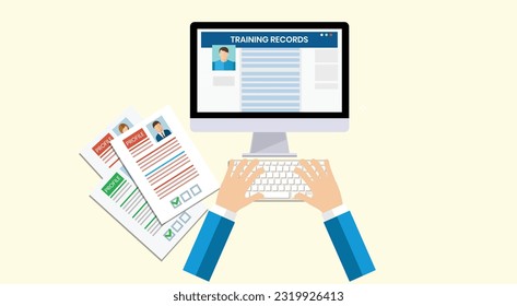 Check profiles and training records of employees for interview and checking CV for hiring employee online form fill-up and person using computer online profile record. Criminal Record List of Trainee