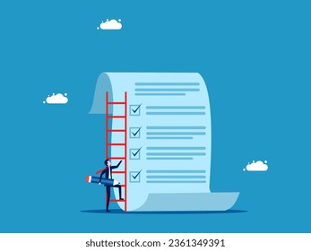 Check project documents. Businessman holding a pencil climbs a ladder to check a report